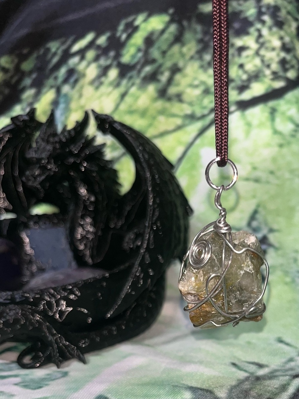 Wire-Wrapped Citrine Pendant Necklace in Yellow on Brown Cord